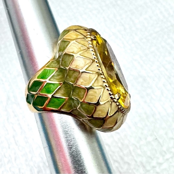 Vintage Large Cocktail Ring Yellow Glass Crystal Enamel Harlequin Mosaic Band - Picture 5 of 12